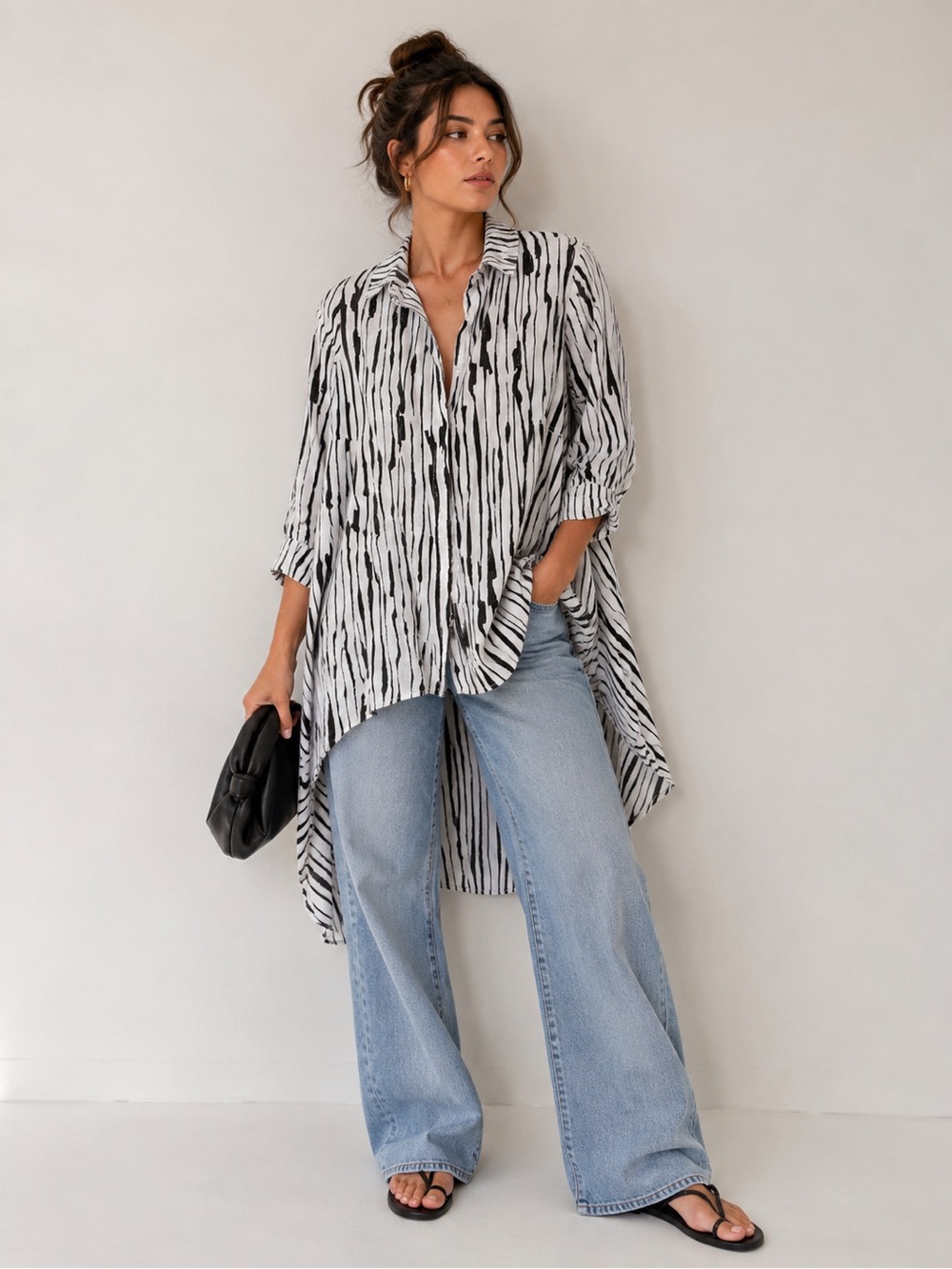 Patrizia Luca Black & White Striped High-Low Button Tunic